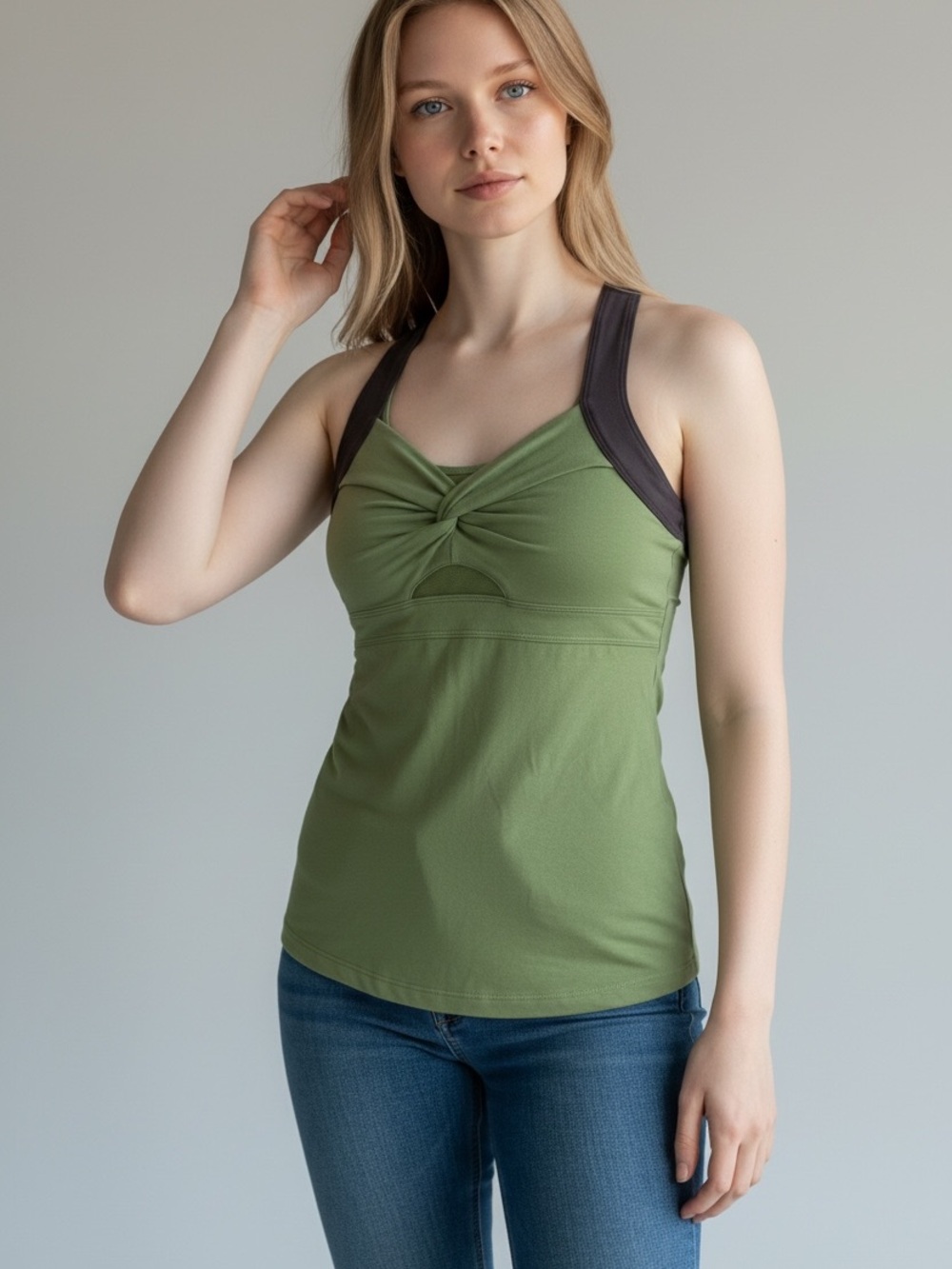 Athleta Olive Green Twist-Front Tank with Charcoal Straps